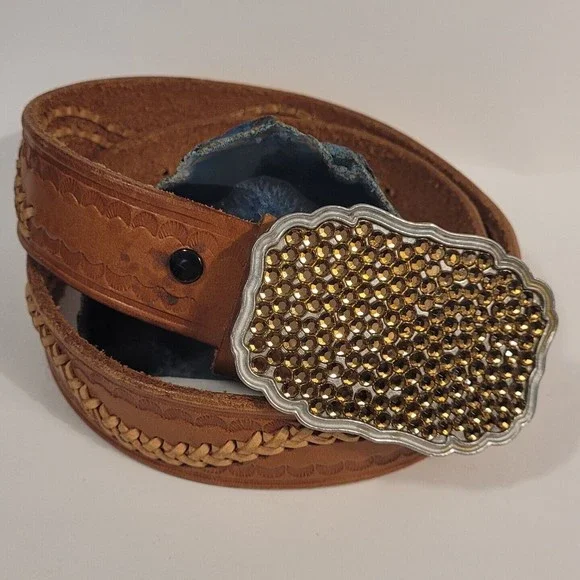 Vtg Handmade Cognac Braided Tooled Western Leather Belt 28\